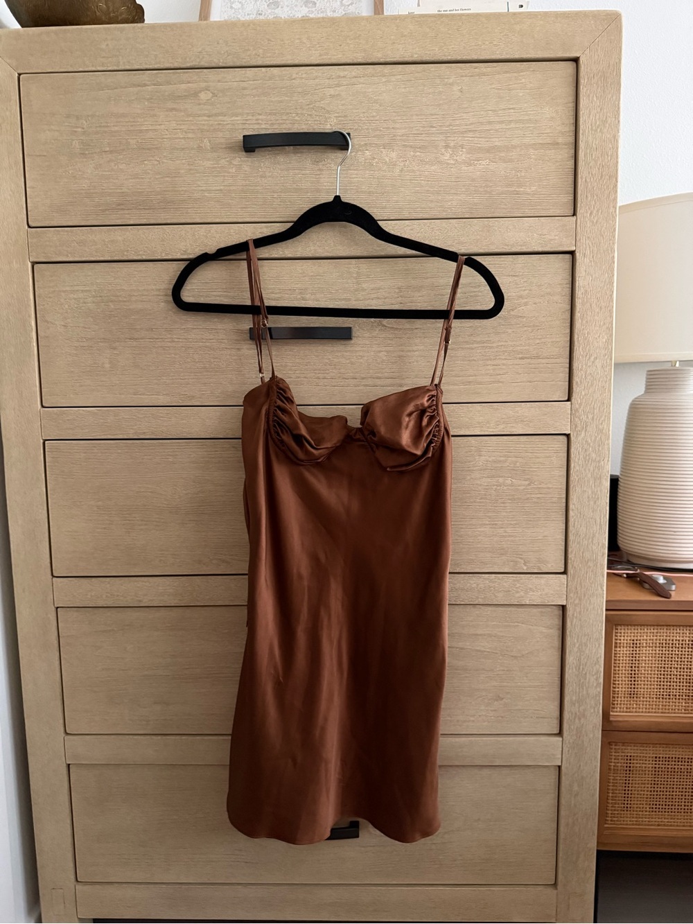 Two Bodies Brown Satin Slip Dress with Spaghetti Straps